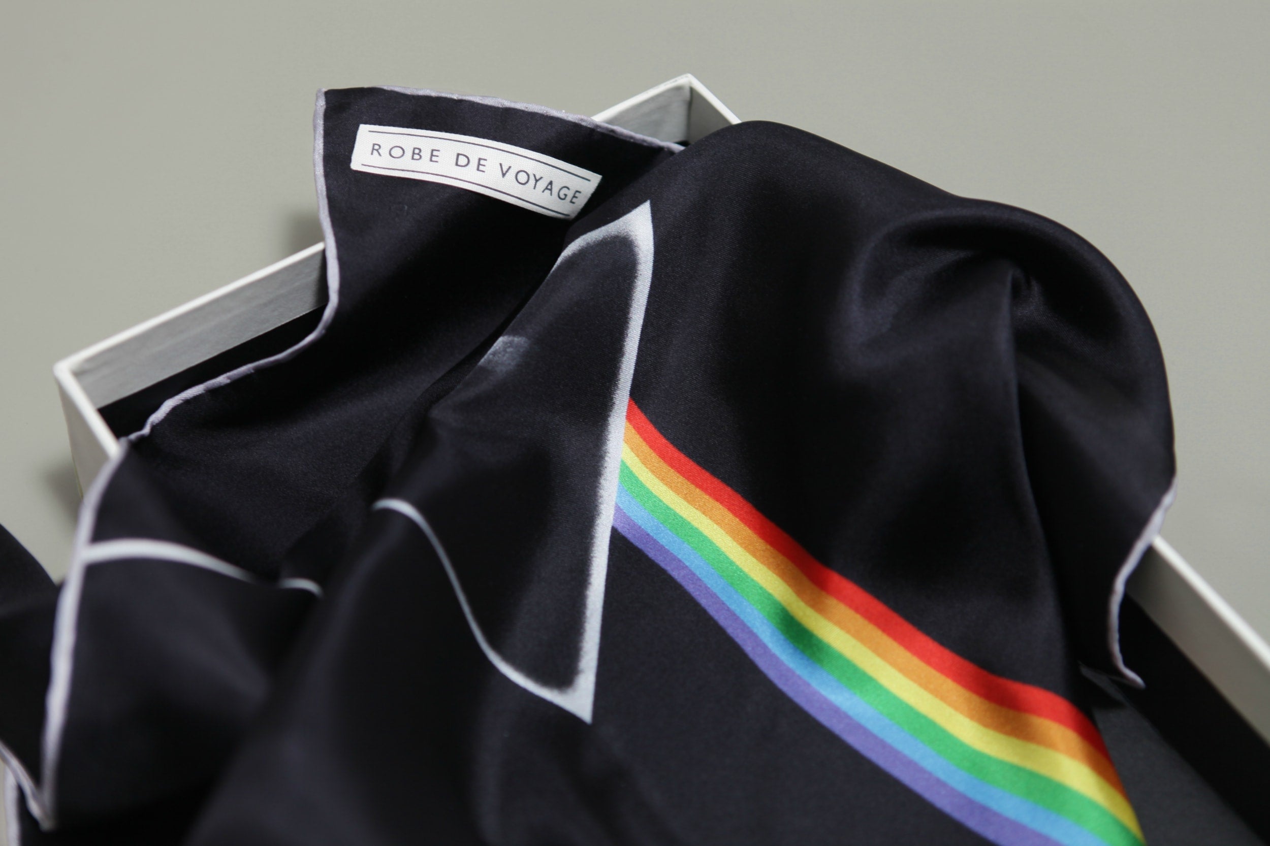 Limited edition set of three iconic Pink Floyd album covers, printed by sustainable, luxury, fashion brand Robe de Voyage, for Pink Floyd's Mortal Remains exhibition. Dark side of the moon.