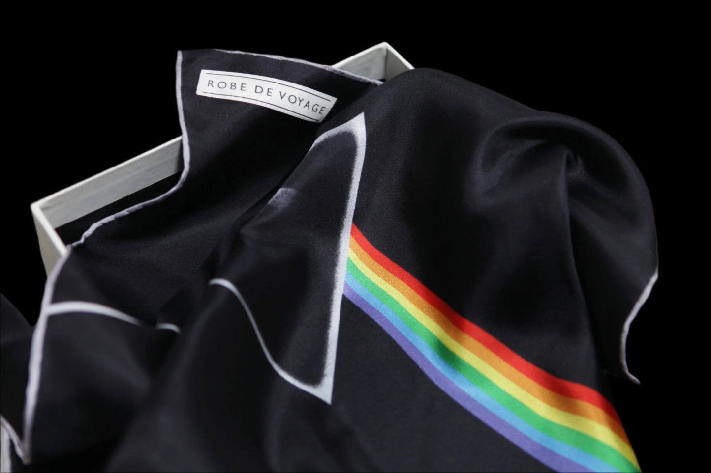 Limited edition set of three iconic Pink Floyd album covers, printed by sustainable, luxury, fashion brand Robe de Voyage, for Pink Floyd's Mortal Remains exhibition. Dark side of the moon.