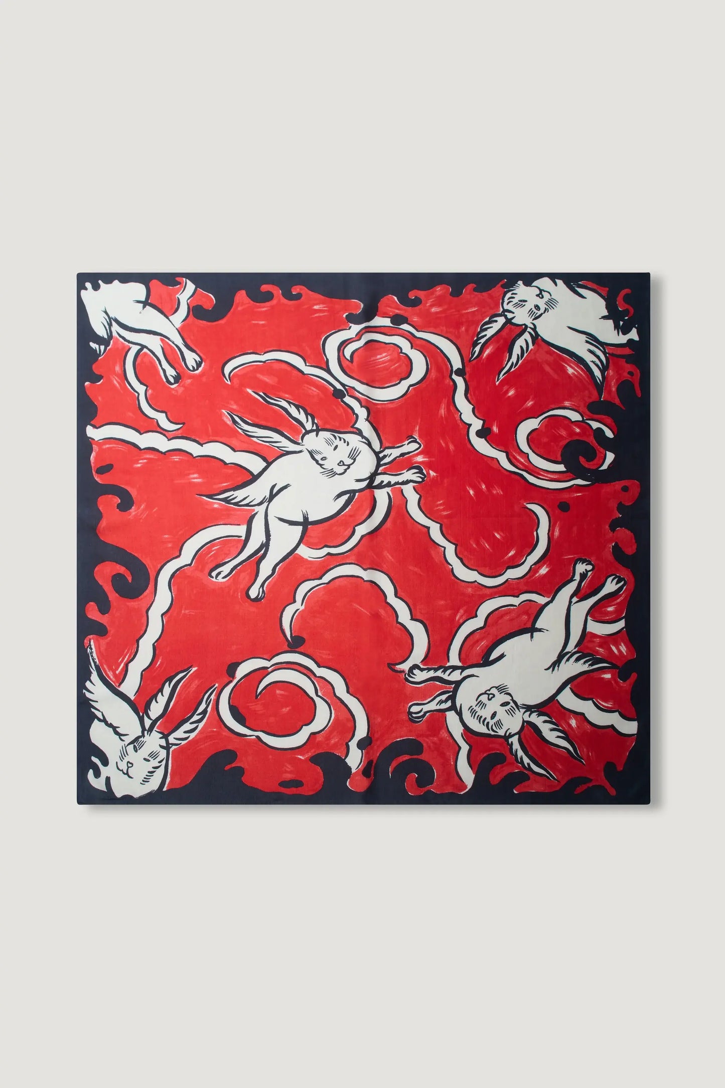 Limited Edition David Bowie Fame scarf. 100% pure hand spun and hand woven silk. 95 cm x 95 cm square size. Crimson, Ivory and Black brush strokes design meticulously finished with hand-rolled edges Robe de Voyage