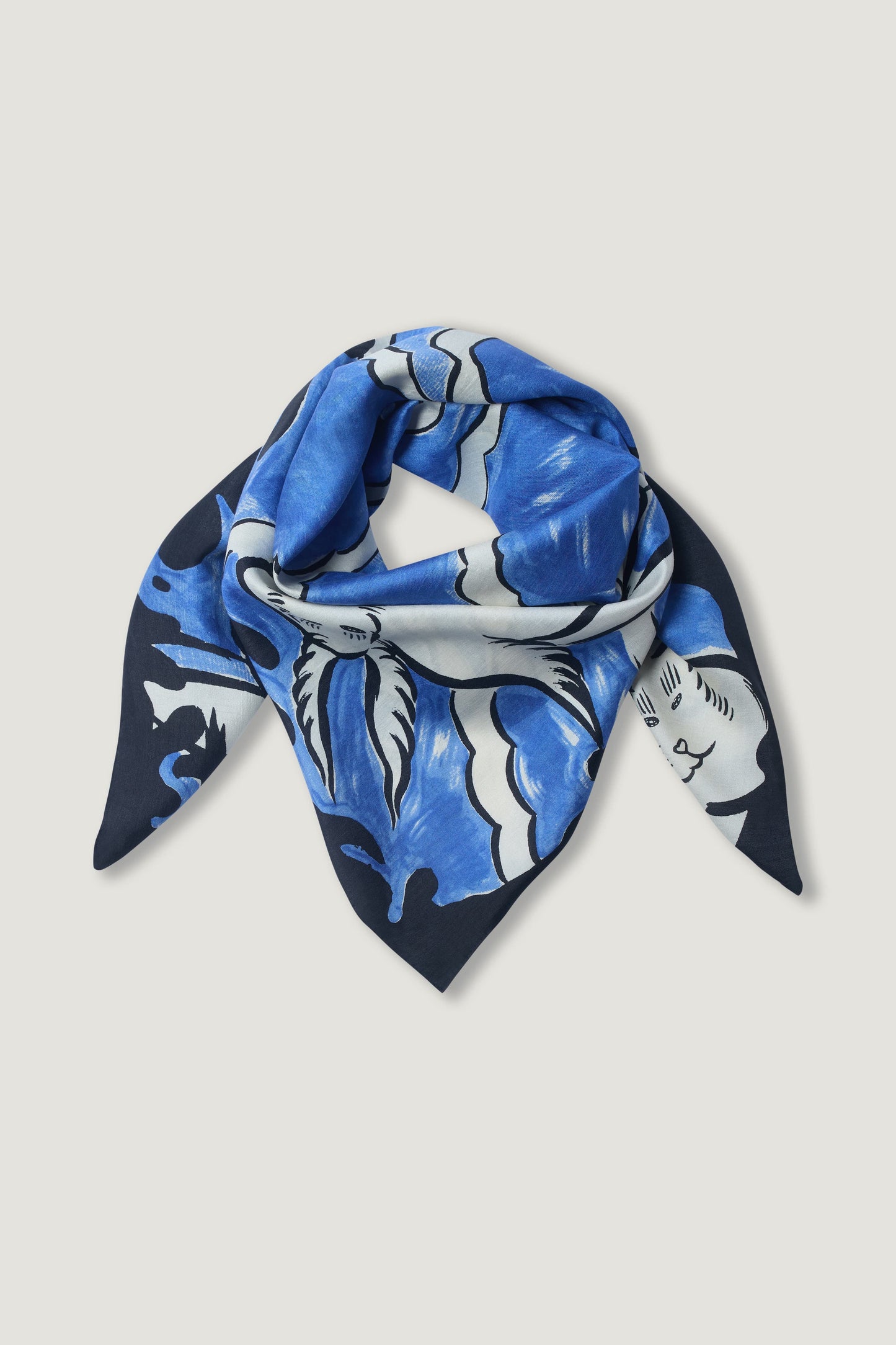 Hero David Bowie 100% pure hand woven silk scarf in electric blue draped to show what it looks like worn around the neck