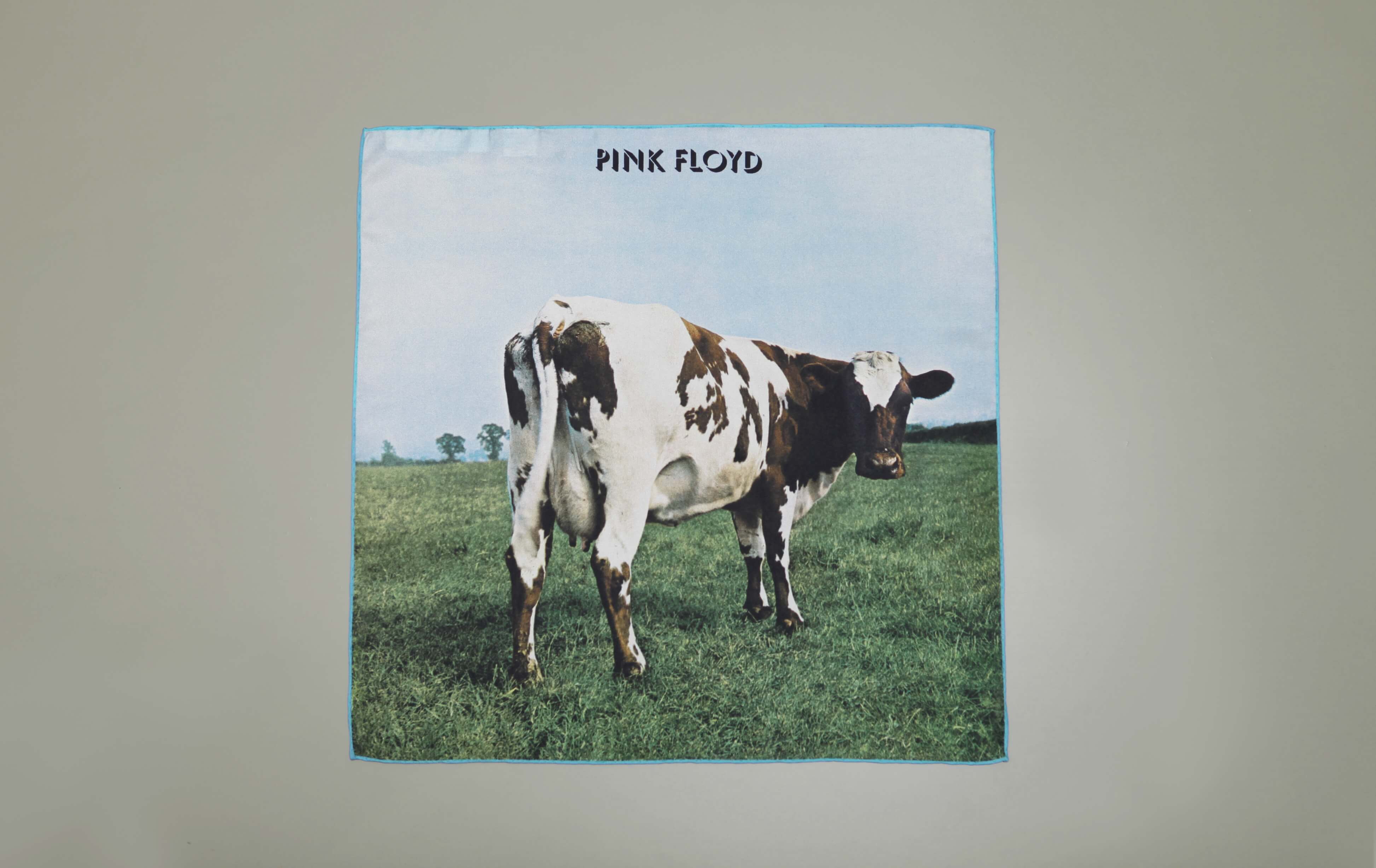 Limited edition set of three iconic Pink Floyd album covers, printed by sustainable, luxury, fashion brand Robe de Voyage, for Pink Floyd's Mortal Remains exhibition. Atom Heart Mother