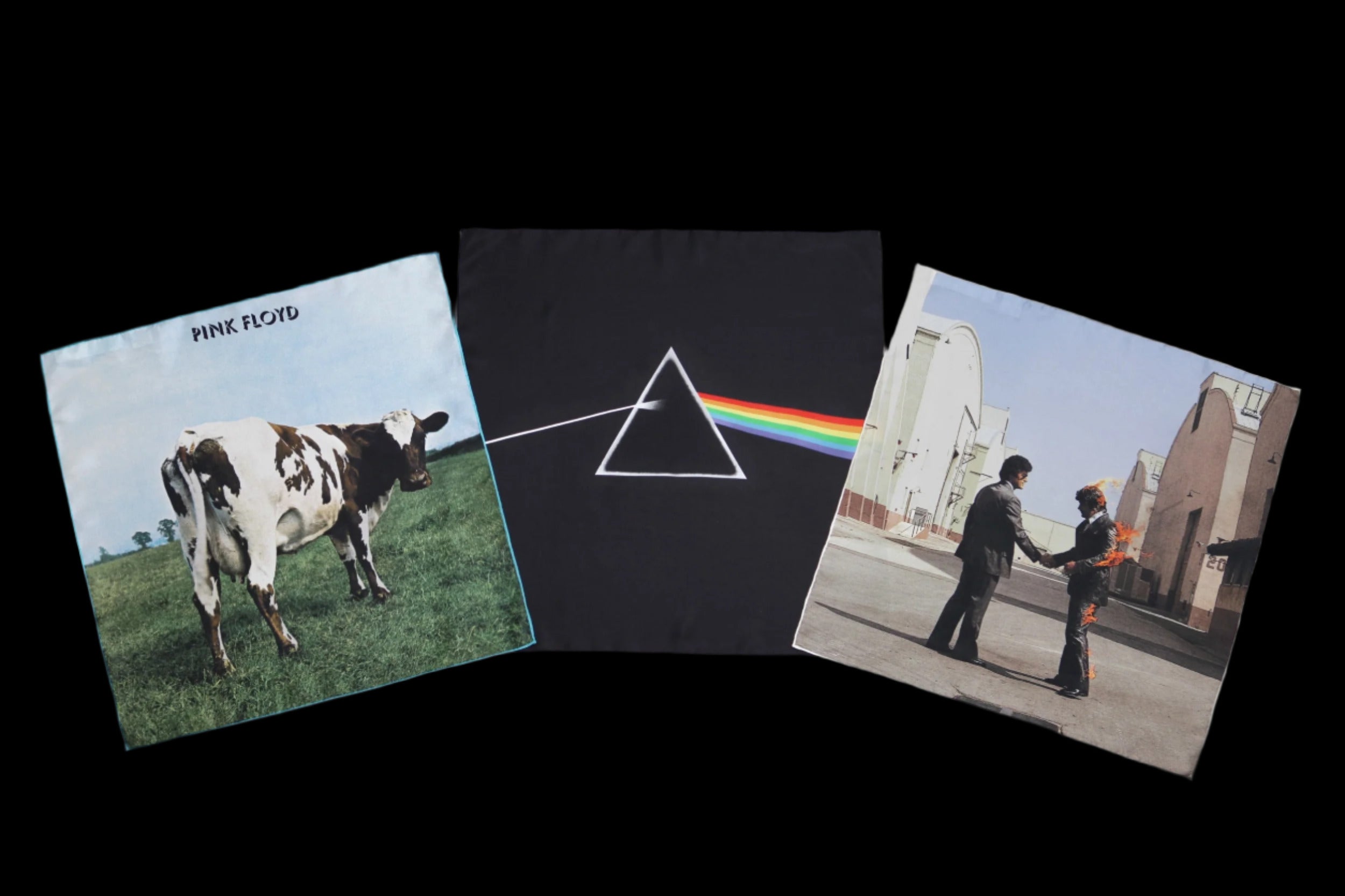 Limited edition set of three iconic Pink Floyd album covers, printed by sustainable, luxury, fashion brand Robe de Voyage, for Pink Floyd's Mortal Remains exhibition. 