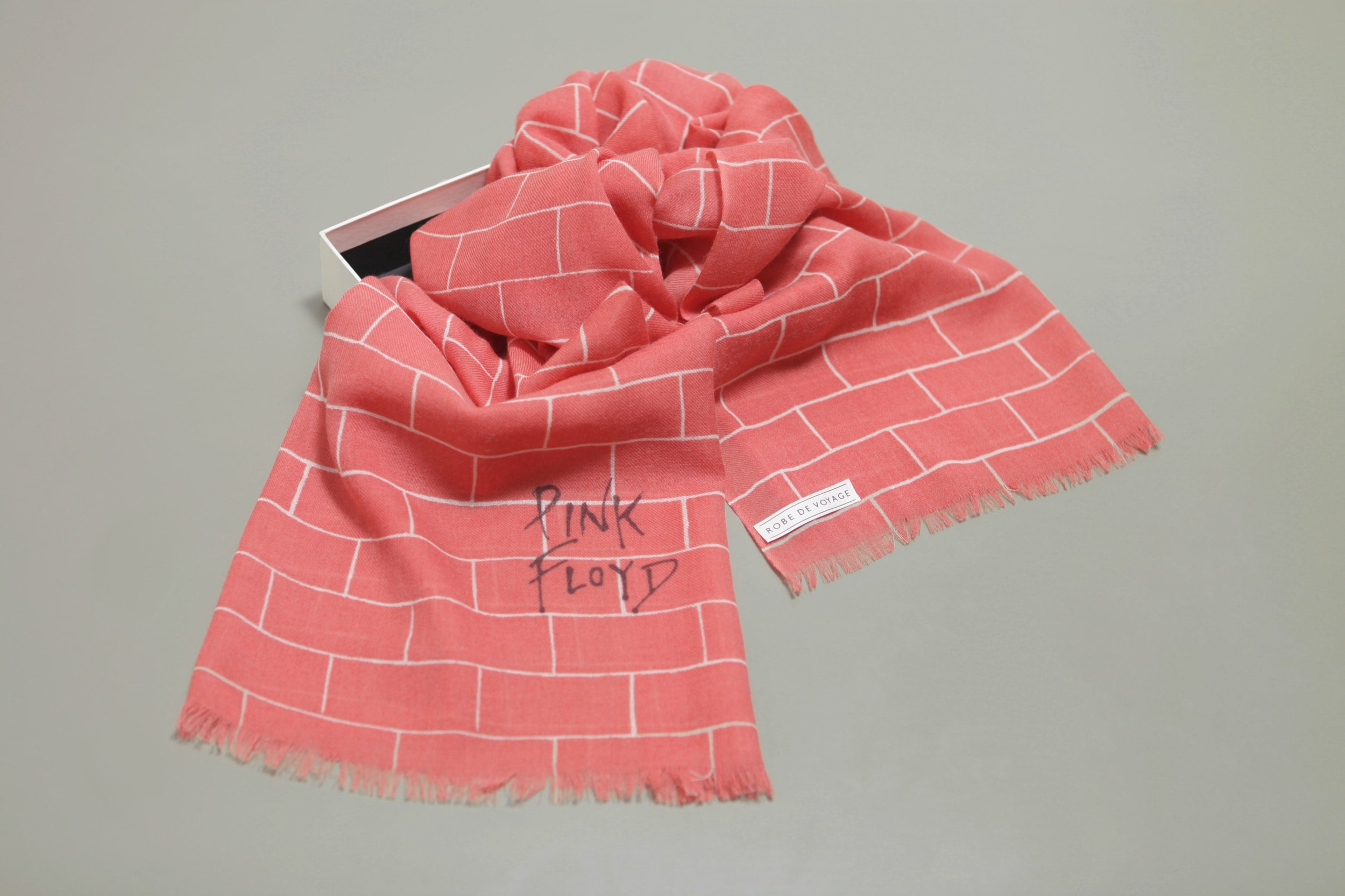 Pink Floyd Wall scarf, hand printed on soft pink wool by Robe de Voyage especially for Pink Floyd's, Their Mortal Remains exhibition. 